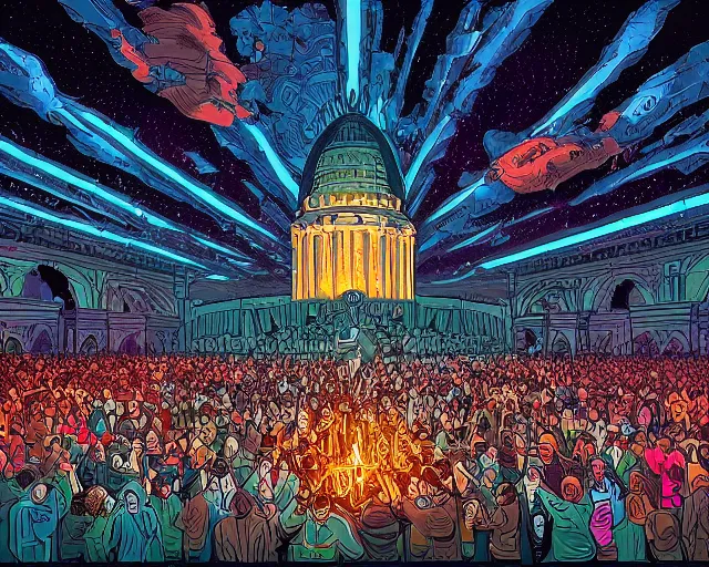 Prompt: An illustration of a crowd of people praying to the celestial being that saved them from a cataclysmic collapse, digital art, Dan Mumford