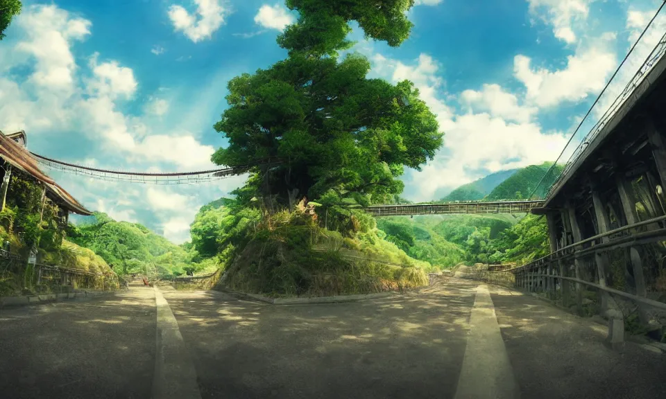 Image similar to kyoto animation still of confusion and fear, bridge, rural landscape, wide shot, dynamic lighting, vivid colors, high detail, award winning