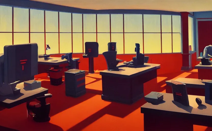 Prompt: Inside an office room with computers, very coherent, painted by Edward Hopper, Wayne Barlowe, painted by James Gilleard, airbrush, art by JamesJean