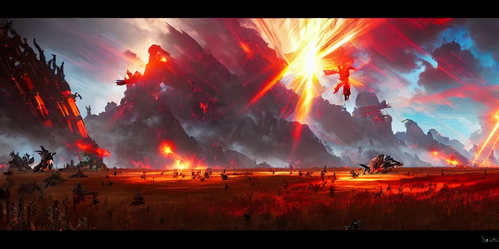 Image similar to guild wars 2, cinematic battlefield, god rays, digital art, high detail by tristan eaton, dan mumford