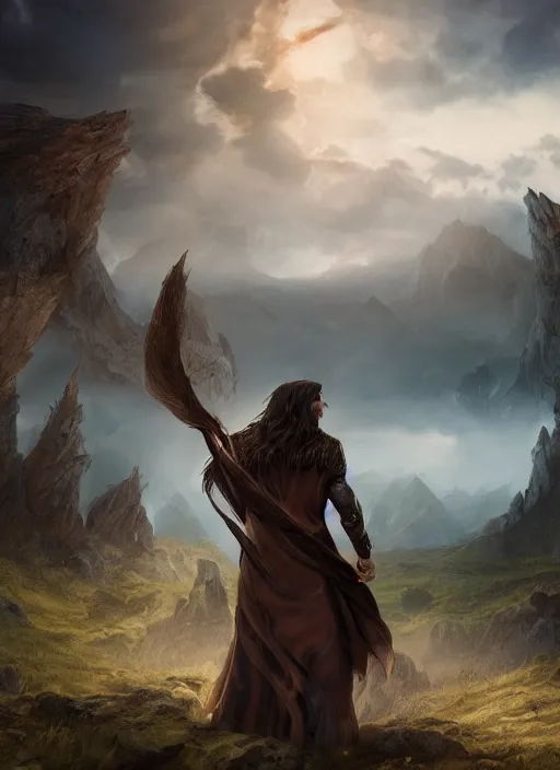 Image similar to An epic fantasy comic book style portrait painting of a young man with a long brown hair wearing a cloak that waves in the wind as he holds onto a stave in front of an epic fantasy landscape, unreal 5, DAZ, hyperrealistic, octane render, cosplay, RPG portrait, dynamic lighting