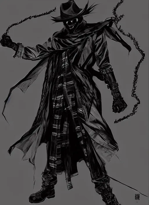 Prompt: evil deity, a man in black mask and black rugged long trench coat. in style of yoji shinkawa and hyung - tae kim, trending on artstation, dark fantasy, great composition, concept art, highly detailed, dynamic pose.