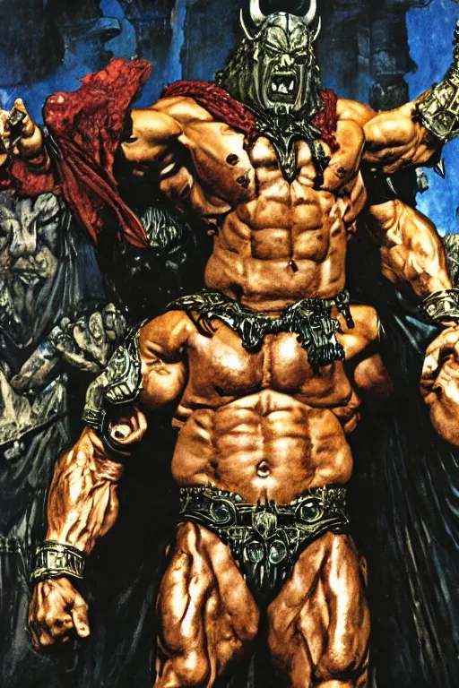 Image similar to movie still of huge hulking rich piana as demonic emperor, simple background, painted by jack kirby, lawrence alma tadema, norman rockwell, greg staples, wayne barlow, neville page, 4 k, photo