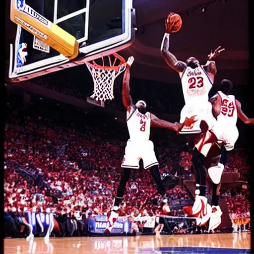 Prompt: lebron James posterizing Michael Jordan, sports photography,