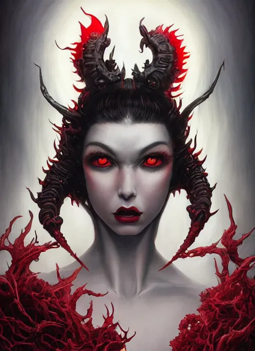 Image similar to a hyper detailed full face portrait of black haired girl with red eyes, queen of blades, sideshow figurines, diablo 4 lilith, by yusuke murata, by hiroya oku, by dorian cleavenger, by tom bagshaw, by zdzisław beksinski, trending on artstation