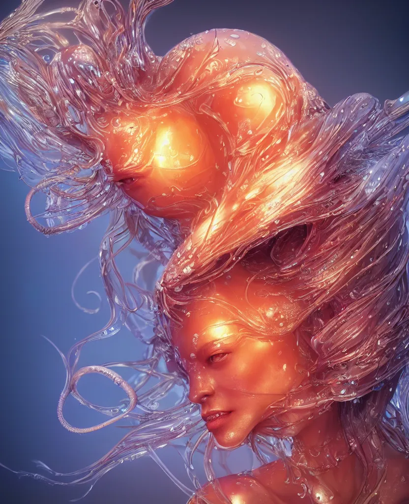 Image similar to close-up macro portrait of the face of a beautiful princess, epic angle and pose, symmetrical artwork, 3d with depth of field, blurred background, cybernetic jellyfish female face skull phoenix bird, translucent, nautilus, energy flows of water and fire. a highly detailed epic cinematic concept art CG render. made in Maya, Blender and Photoshop, octane render, excellent composition, cinematic dystopian brutalist atmosphere, dynamic dramatic cinematic lighting, aesthetic, very inspirational, arthouse. y Greg Rutkowski, Ilya Kuvshinov, WLOP, Stanley Artgerm Lau, Ruan Jia and Fenghua Zhong