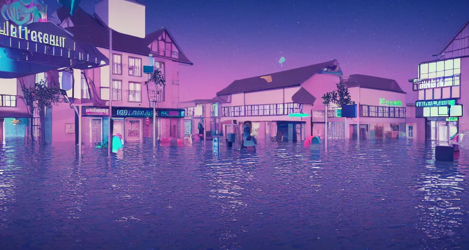 Image similar to 80s vaporwave outrun 3d Render of a german town being flooded, liminal space retro, grainy, noisy