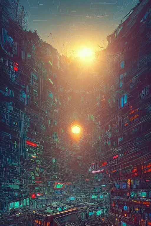 Image similar to a cyberpunk landscape with a pile of rubble inside a large corner wall with a window and the light shining through dan mumford