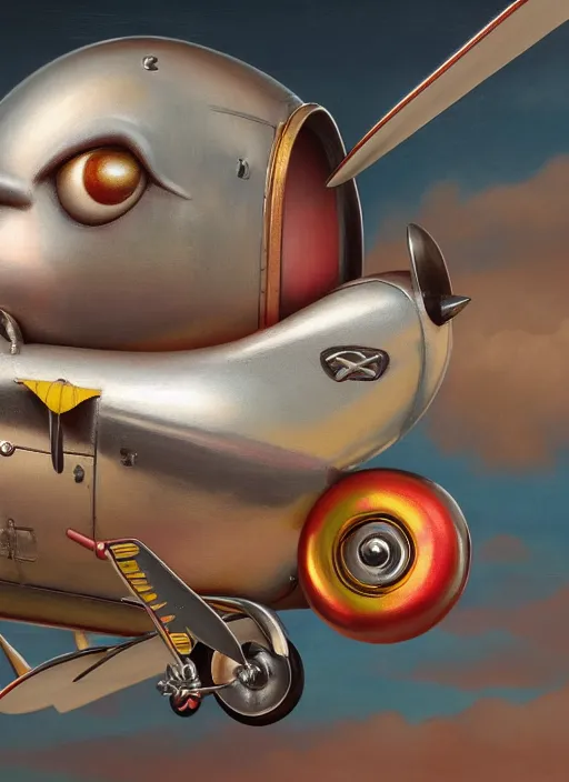 Image similar to highly detailed closeup portrait of a cute tin toy retro airplane, nicoletta ceccoli, mark ryden, lostfish, earl nore, hyung tae, frank frazetta, global illumination, god rays, detailed and intricate environment