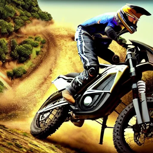 Prompt: a dramatic off road motorcycle race moment, steep uphill epic rider crash, view from a drone, realistic art