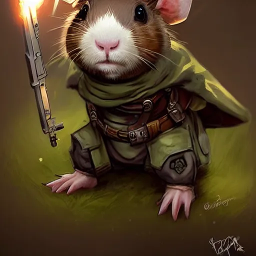 Image similar to cute little anthropomorphic Guinea Pig wearing Metal Gear outfit, ultra wide lens shot , tiny, small, short, cute and adorable, pretty, beautiful, DnD character art portrait, matte fantasy painting, DeviantArt Artstation, by Jason Felix by Steve Argyle by Tyler Jacobson by Peter Mohrbacher, cinematic lighting