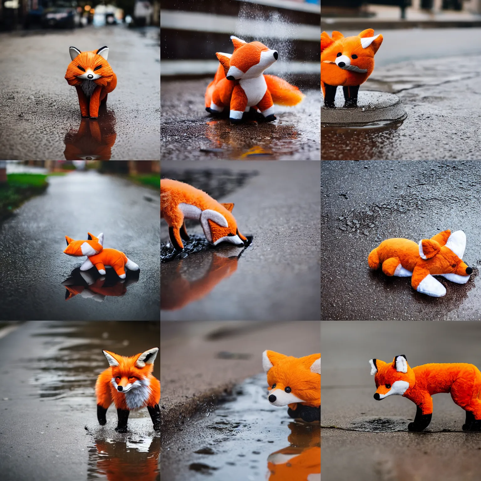 Prompt: A stuffed animal fox plushie splashing through a puddle on the sidewalk, Sigma 85mm Lens F/1.8, award winning photography