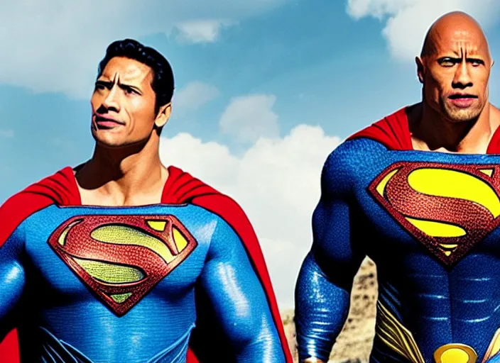 Image similar to film still of dwayne the rock johnson as superman in the new superman movie, 4 k