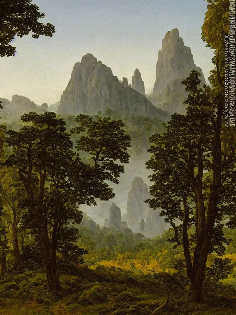 Prompt: An oil painting of a cathedral in nature, stained glass, trees, mountains in the distance, by Caspar David Friedrich