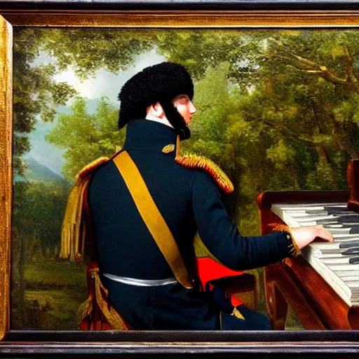 Image similar to ultra realistic painting of a napoleonic soldier sitting on a piano inside of a forest, thick brush strokes, visible paint layers, taken from the back of the soldier.