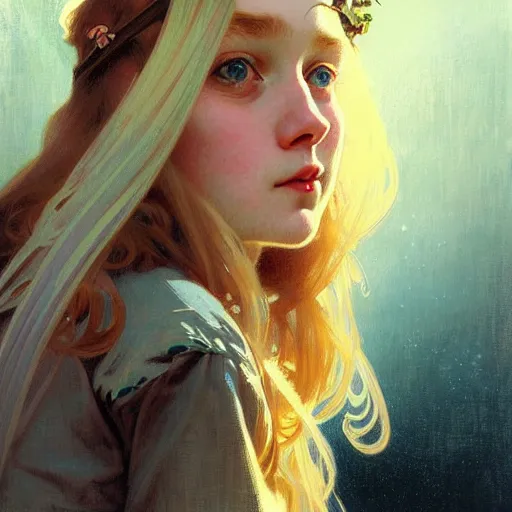 Image similar to Portrait of a young girl on a wooden swing, long blonde hair and sparkling blue eyes, face, vintage, retro, detailed, intricate, digital painting, artstation, concept art, smooth, sharp focus, illustration, art by Krenz Cushart and Artem Demura and alphonse mucha