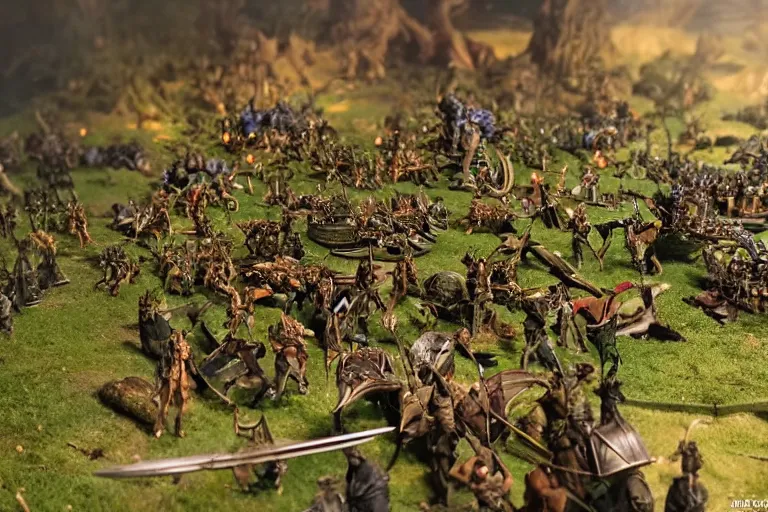 Image similar to photo taken of an epic intricate, ultra detailed miniature modular, battlefield diorama created by weta workshop, zoomed in shots focussing an army of high elves battling a horde of orcs, with highly detailed exquisitely painted 3 d printed characters, cinematic wide shot, photorealistic, sharp focus, f 0. 4, low angle shot, macro, golden ratio, golden hour