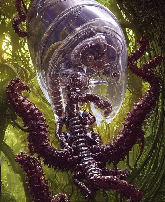 Prompt: intricate ornate opulent transparent clear see - through portrait of a terrifying male alien centipede robot, mottled coloring, adorable, childlike, overgrown jungle environment, ultra realistic, concept art, art nouveau, photorealistic, octane render, 8 k, unreal engine. art by christopher marley and artgerm and greg rutkowski and alphonse mucha