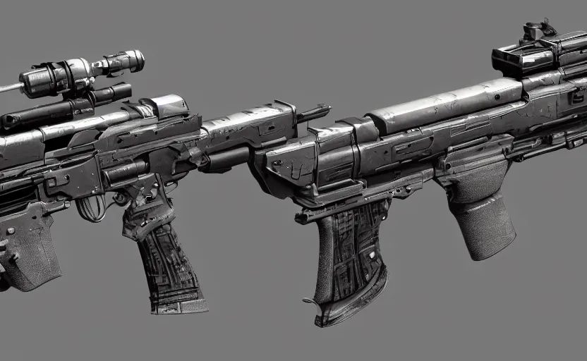 Prompt: extremely detailed side view of a sci fi rifle, chemically propelled, railgun, bullpup, with tubes and wiring, ultra quality, realistic, octane render, call of duty, warframe, deviantart