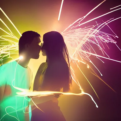 Prompt: lighting sparking between two people, photoreal, high speed photography