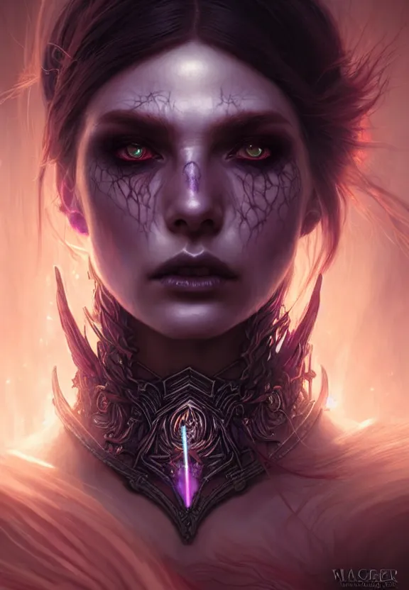 Image similar to Necromancer Sorceress face close-up macro in center, fantasy magic, undercut hairstyle, dark light night, intricate, elegant, sharp focus, illustration, highly detailed, digital painting, concept art, matte, art by WLOP and Artgerm and Greg Rutkowski and Alphonse Mucha, masterpiece