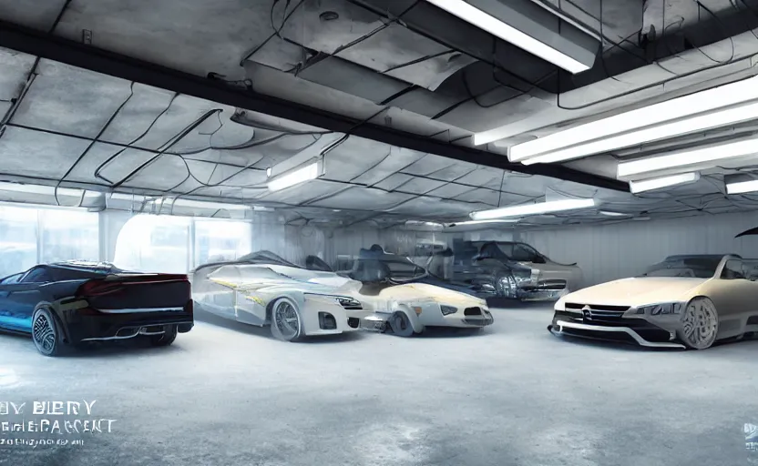 Prompt: a luxury garage, vray rendering. lightning, cinematic lighting, fog. john berkey, sunny pandita. colorful lights