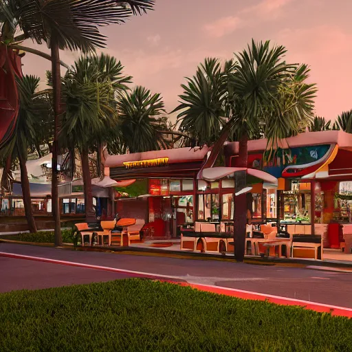 Image similar to fast food restaurant with palm trees, concept art, octane render