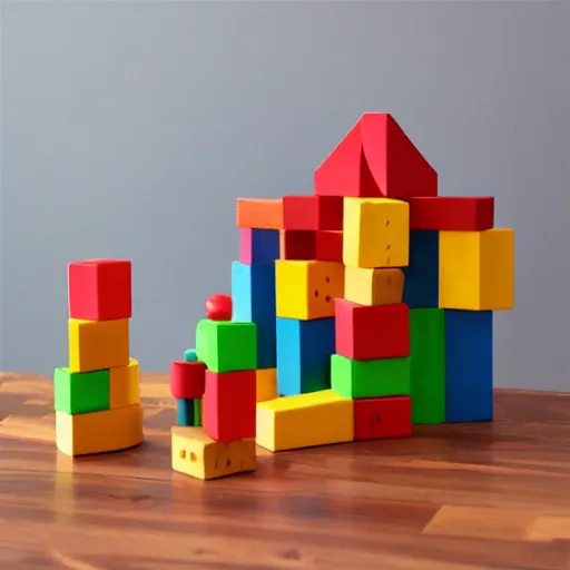 Prompt: wooden kids toy blocks city town of wood blocks stacked