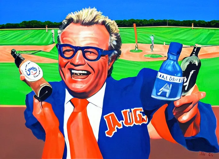 Image similar to painting of harry caray singing take me out to the ball game, malort bottle in hand, wrigley field background, blue sky, baseball, sharp,