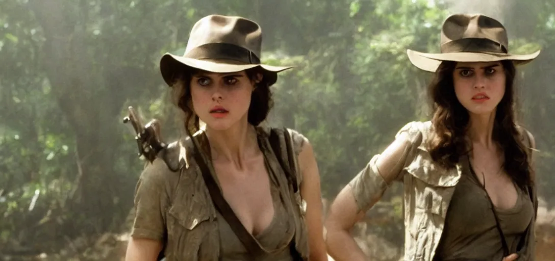 Image similar to still of alexandra daddario as indiana jones in raiders of the lost ark ( 1 9 8 1 )