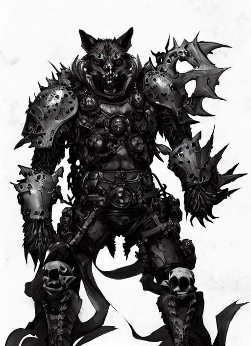 Prompt: Full body portrait of a scary gnoll wolf man. Armour made of human skulls. In style of Yoji Shinkawa and Hyung-tae Kim, trending on ArtStation, dark fantasy, great composition, concept art, highly detailed.