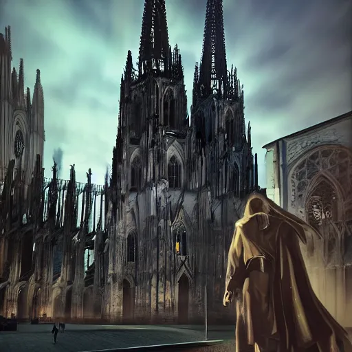 Prompt: a hyper real comic book style portait painting of the cathedral of cologne germany in the distant future with future buildings next to it, unreal 5, hyperrealistic, octane render, cosplay, rpg portrait, dynamic lighting