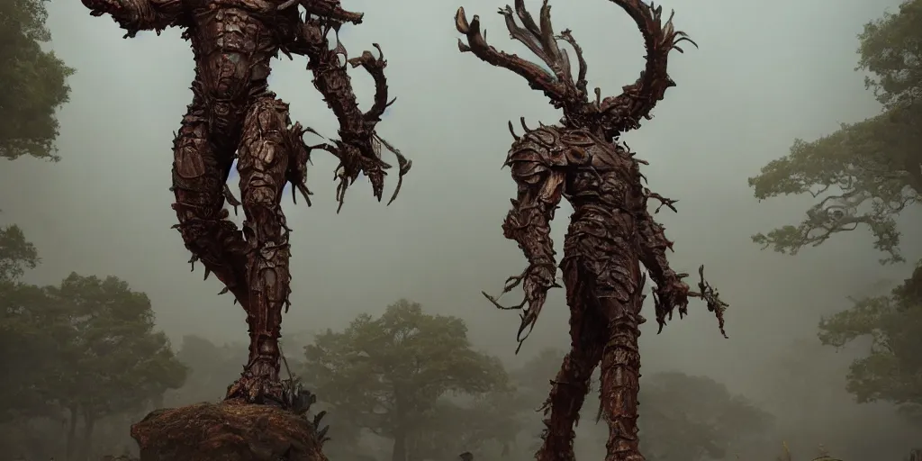 Image similar to Rusty Bronze four armed statue like colossus, character design sheet, Monster Hunter Illustrations art book, giant, trees growing on its body, enormous hands, long limbs, horns on its head, bright pale blue eyes, Moebius, Greg Rutkowski, Zabrocki, Karlkka, Jayison Devadas, Phuoc Quan, trending on Artstation, 8K, ultra wide angle, zenith view, pincushion lens effect.