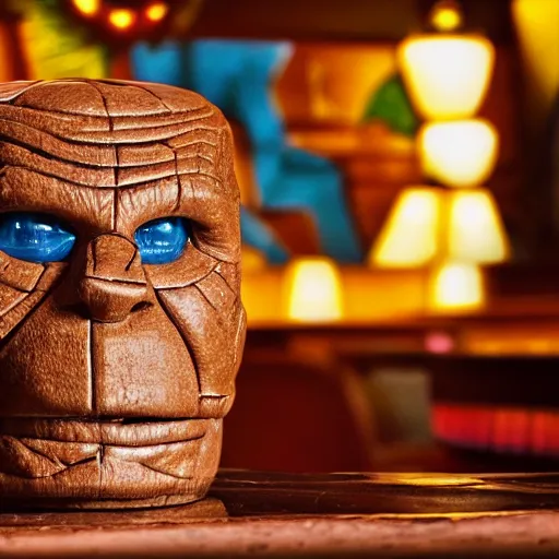 Image similar to a closeup photorealistic photograph of ben grimm's face on a tiki mug at trader vic's beach bar. fantastic four. tiki culture. bright scene. fine detail. this 4 k hd image is trending on artstation, featured on behance, well - rendered, extra crisp, features intricate detail, epic composition and the style of unreal engine.