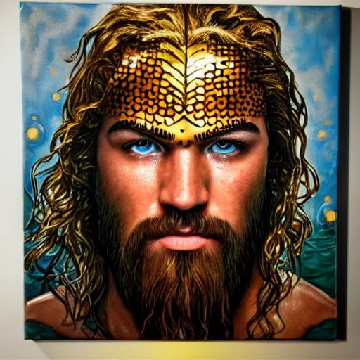 Image similar to intricate five star portrait of aquaman in tears, emotional, blowing the candle at his birthday, oil on canvas, hdr, high detail, photo realistic, hyperrealism, matte finish, medium contrast, 3 d depth, centered, masterpiece, grainy, muted colors, enhanced light effect, enhanced eye detail, artstationhd