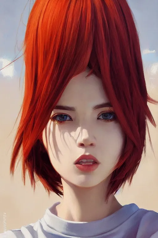 Image similar to A ultradetailed beautiful panting of a stylish woman looking at the camera, she is wearing streetwear, she has red hair with bangs, bright sunny day, Oil painting, by Ilya Kuvshinov, Greg Rutkowski and Makoto Shinkai