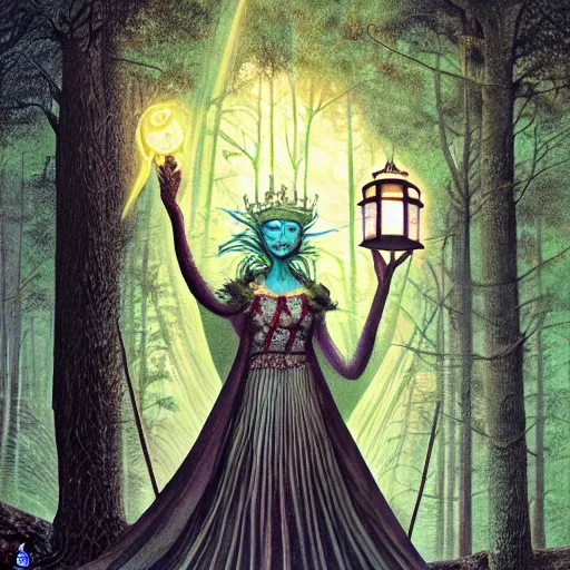 Prompt: the forest queen with her lantern, by leo and diane dillon and kit williams and andrew ferez, dramatic lighting, god rays, smooth, sharp focus, highly detailed