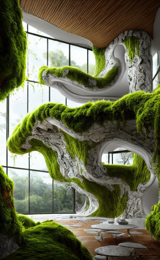 Image similar to highly detailed villa natural beautiful light interior soft cinematic composition of a smooth ceramic porcelain biomorphic magnolia stone nebula fluid sci - fi surreal colorful architecture landscape, furniture, granite, trees, marble, moss, lichen, fungi, vincent callebaut composition, mamou - mani, archviz, 8 k, unreal engine, hdr