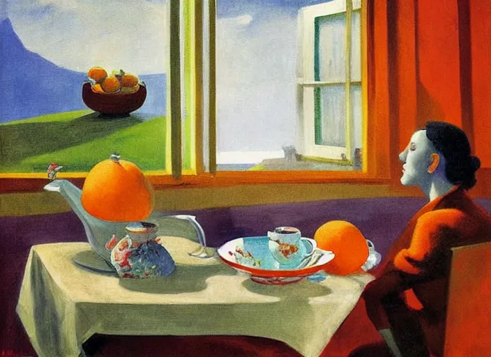 Image similar to painting, two lovers in poor shabby room, view of boat on river in window, tea pot and tea cups and bowl of oranges on table, by paula rego, by neo rauch, by edward hopper