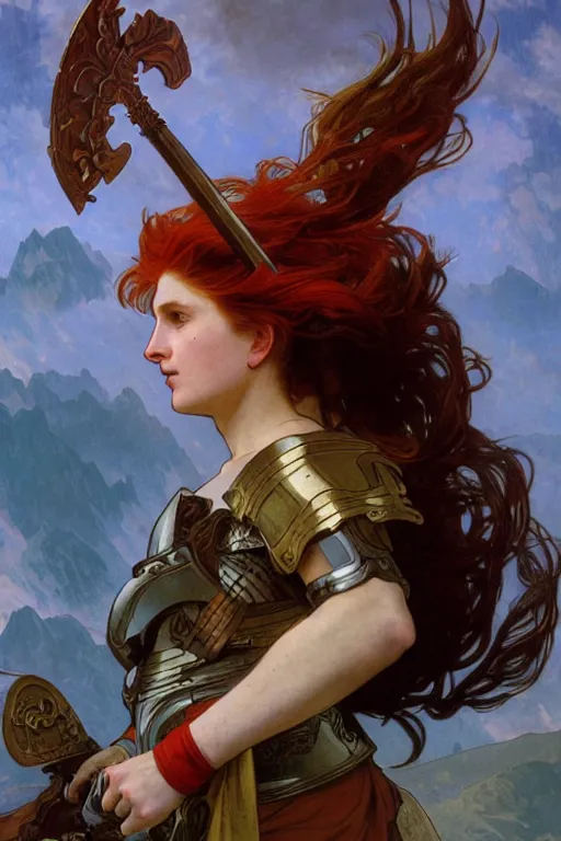 Image similar to full - body matte portrait of a legion of red haired lesbian valkyries in a heroic pose and wearing thick bronze plate armor at the top of a mountain holding a spear made of lightning, art by albert bierstadt, alphonse mucha, andreas rocha, greg rutkowski, sharp edges. ultra clear detailed. 8 k. elegant. octane render