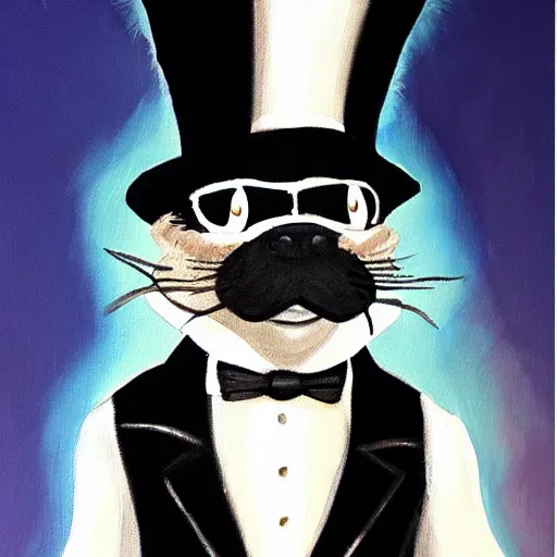 Prompt: a painting of pepe le pew in a tuxedo and a top hat