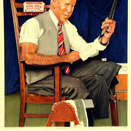 Image similar to eye level portrait painting by Norman Rockwell of Joe Biden sitting in a chair at a 45 degree angle from the camera. Cozy fire. Legs apart