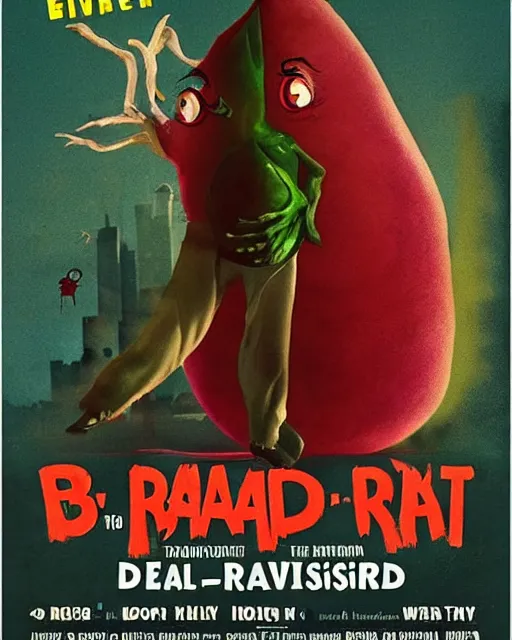 Prompt: A poster for a B-Movie about a giant radish that becomes possessed by the devil and terrorizes a small town