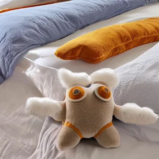 Image similar to bacteria plush, cute fluffy microorganisms covering a cozy bed, cloth worms