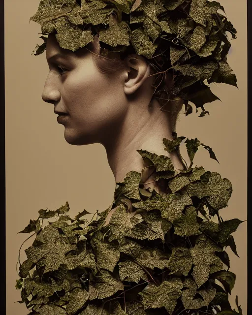 Image similar to a woman's face in profile, covered in intricate decorative ivy, in the style of the dutch masters and gregory crewdson, dark and moody