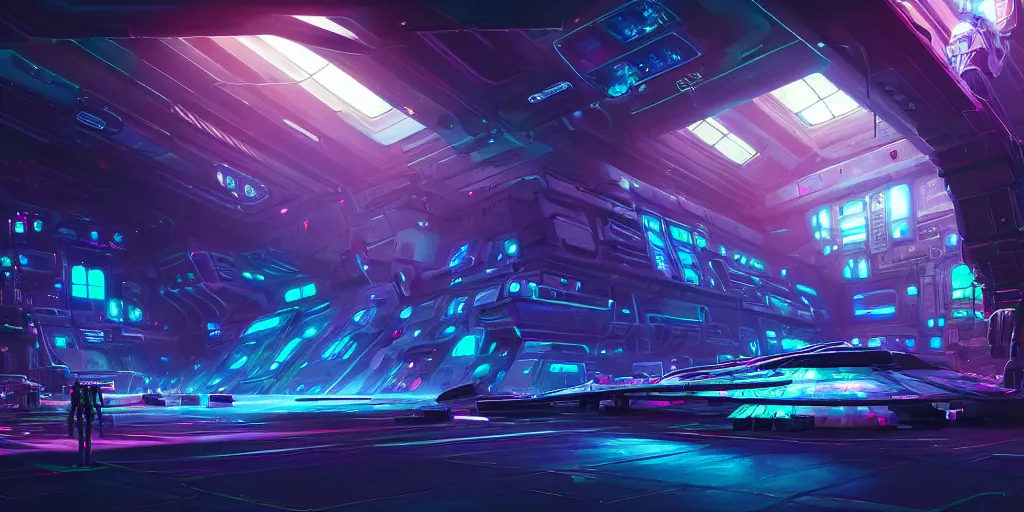 Image similar to the exterior of a celestial spaceship cyberpunk hangar in a bioluminescent walls decorated beautifully, lots of cyberpunk design elements like humanoids and mecha robots, warm sunlight shining in, lots of cables and neon signs, concept art 8 k resolution, fantasy illustration, sharp focus, detailed painting, deep color, volumetric lighting, crepuscular rays