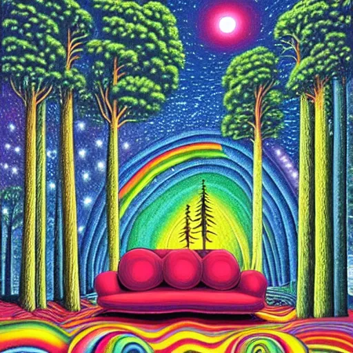 Prompt: psychedelic trippy rainbow pine forest, planets, milky way, sofa, cartoon by rob gonsalves