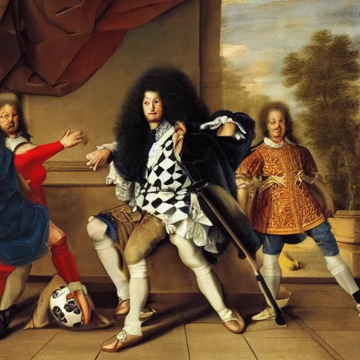 Prompt: Louis XIV playing soccer