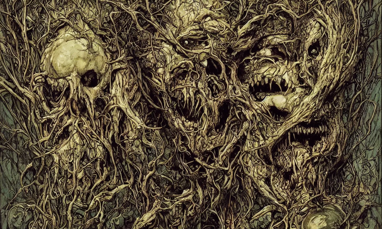 Image similar to hyperdetailed art nouveau portrait of treebeard as a chimera eyeball skull dragon monster, by micheal whelan, simon bisley and bill sienkiewicz, grim yet sparkling atmosphere, photorealism, thorns, claws, teeth, fangs, night in the forest, wild, crazy, scary, horror, lynn varley, lovern kindzierski, steve oliff