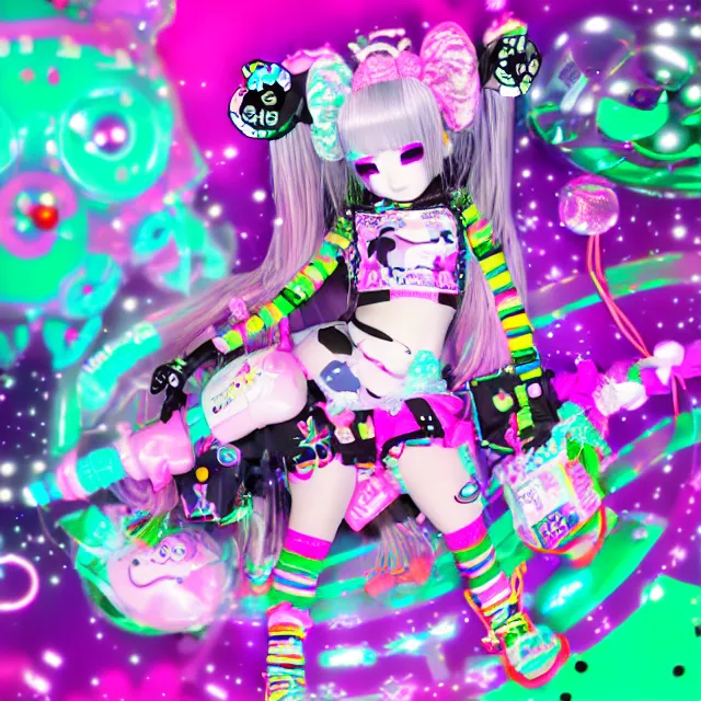 Image similar to cybergoth decora glitchcore yokai girl, sanrio ornaments, pastel cute cinematography